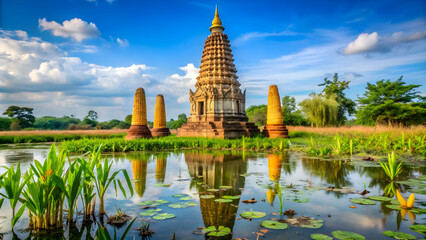 Fototapeta premium Restored ruin with corn cob shaped tower in a swampy area called Bueng Phra Ram, restored, ruin
