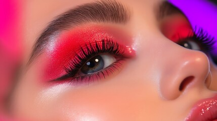 Obraz premium A woman with red eye makeup and long lashes. The makeup is bold and dramatic, giving the impression of a confident and powerful woman. The bright red eyeshadow