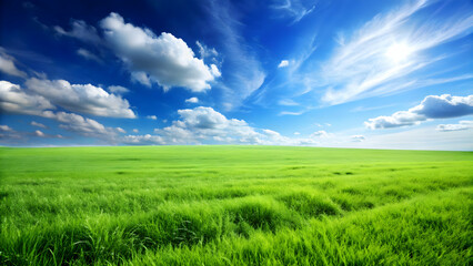 Obraz premium Lush green grass field under a clear blue sky, landscape, nature, environment, outdoor, scenery, peaceful, tranquil