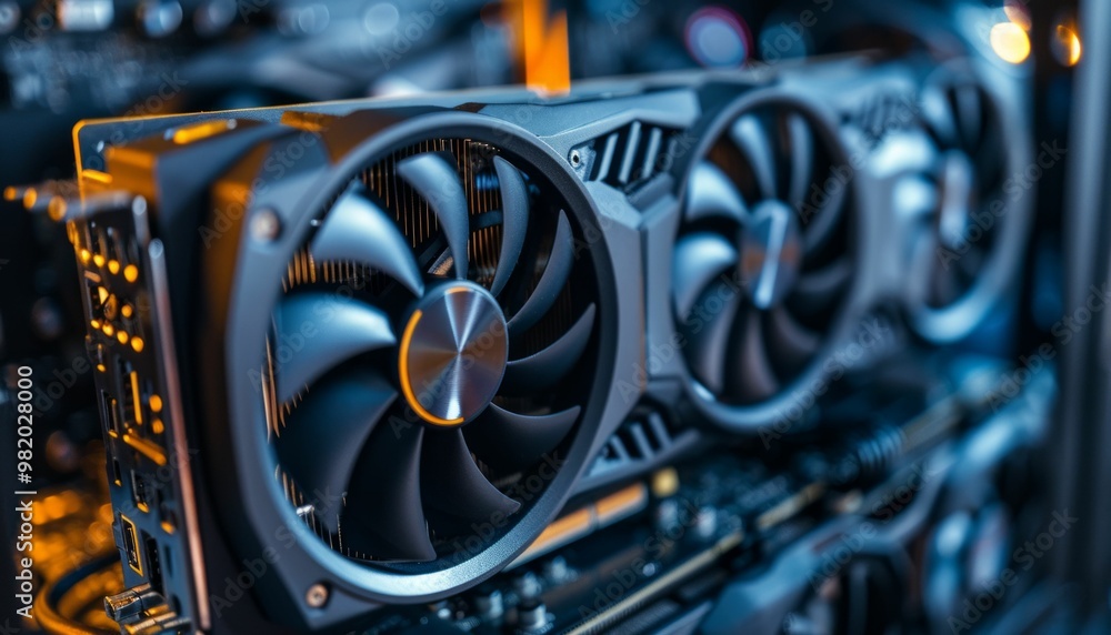 Poster closeup of a powerful graphics card with cooling fans in a gaming computer