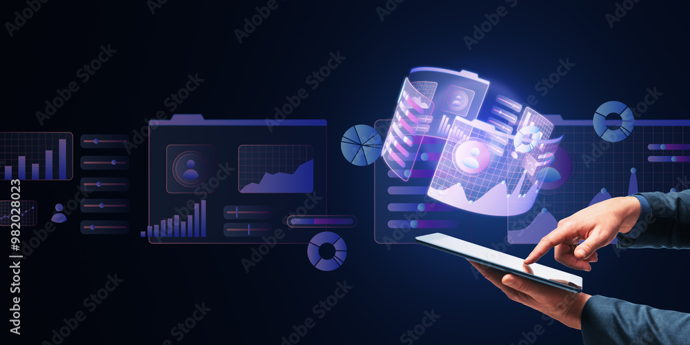 Poster close up of male hand using cellphone with glowing round business graph hologram on dark background.