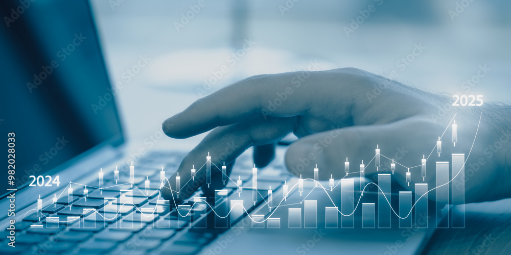 Poster close up of male hand using laptop keyboard with growing business graph on blurry background. financ