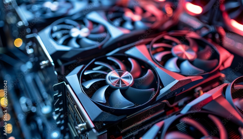 Poster rows of illuminated computer graphics cards with cooling fans