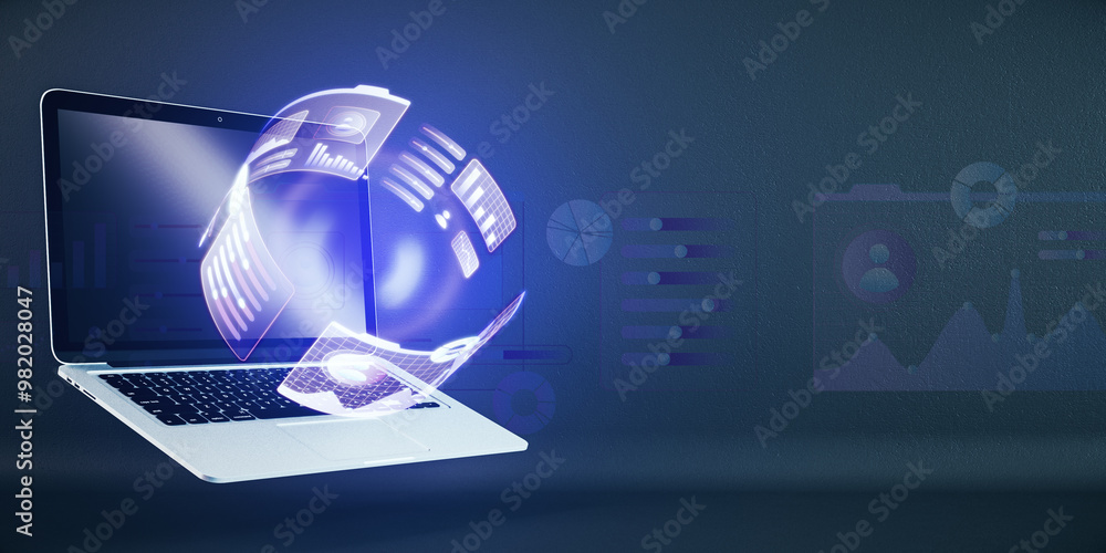 Poster close up of laptop on wide concrete background with glowing round business graph hologram and mock u