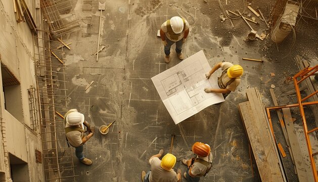 Construction workers examining building plans at construction site