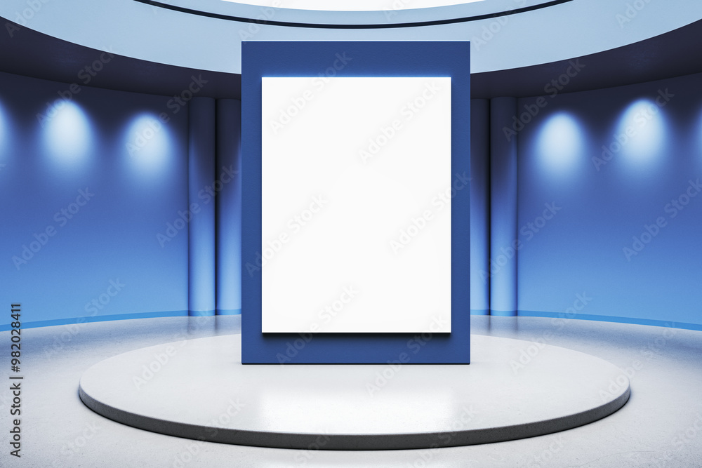 Poster futuristic blue interior with round pedestal and empty white mock up poster. 3d rendering.