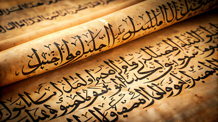 Arabic message written on a vintage parchment scroll, Arabic, message, calligraphy, vintage, parchment, scroll