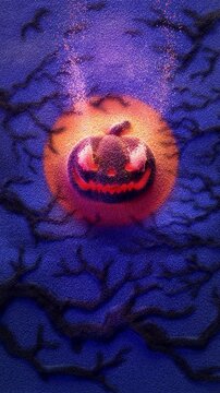 Spooky Halloween jack o lantern with scary face Moving particle glowing with flickering light with alpha channel. Vertical video .
