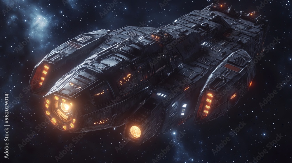 Poster futuristic spaceship flying through deep space.