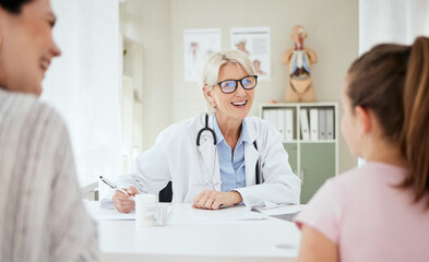 Checkup, doctor and talking to child, smile and mature woman with question, growth and development....