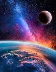 Obraz premium Dramatic Space Scene with Glowing Planet and Distant Moon Amidst Colorful Nebula