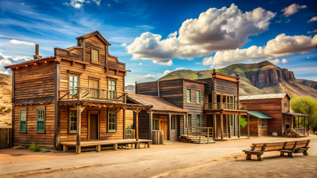 Vintage Far West town with a saloon and old wooden architecture in Wild West , Wild West, vintage, town, saloon