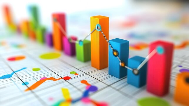 Colorful 3D bar graph with data points on a financial chart, representing business analytics, growth, and market analysis.