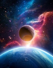 Obraz premium Dramatic Space Scene with Glowing Planet and Distant Moon Amidst Colorful Nebula