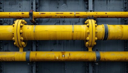 Industrial Yellow Pipes And Valves On A Gray Metal Wall