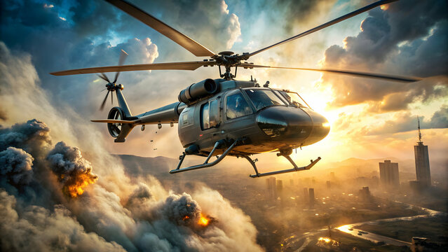 Action shot of helicopter hovering in the air in a dynamic scene from an action movie blockbuster , helicopter, flying