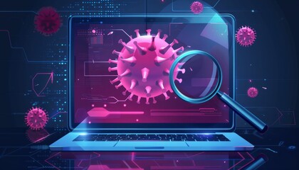 Laptop screen with magnifying glass scanning for viruses