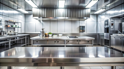 Blurred stainless steel table background with commercial kitchen for product presentation mockup, commercial