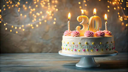 Delicious and beautifully decorated 30th birthday cake with candles , celebration, milestone, party, dessert, candles, thirty