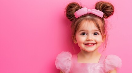 Fototapeta premium A little girl with pink hair and a pink dress is smiling. She is wearing a pink bow in her hair
