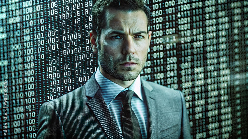 Poster this sharp focus uhd 4k shot showcases a businessman maneuvering through the digital landscape of bi