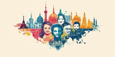 Colorful illustration of diverse people and iconic landmarks from around the world, symbolizing global unity and cultural diversity.