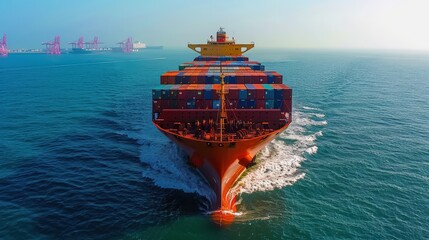 Majestic container ship navigating calm waters, laden with vibrant cargo, amidst sleek cranes silhouetted in the distance.