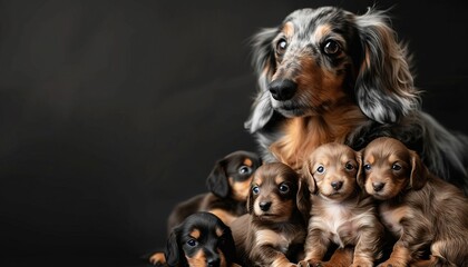 Adorable dachshund family portrait with mother and her puppies