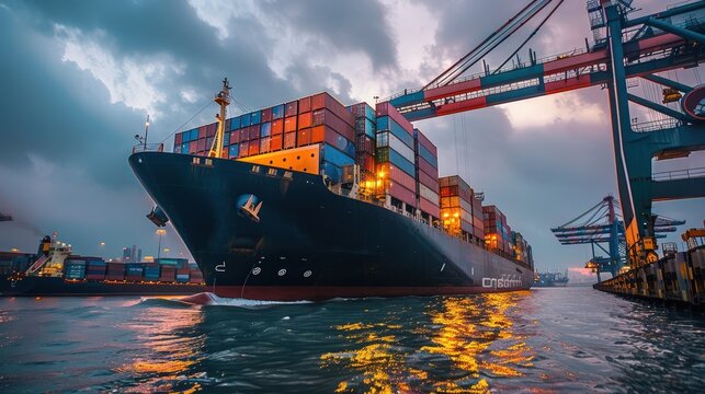 A massive cargo ship being loaded with colorful containers at dusk, showcasing bustling port activity and vibrant reflections. - Powered by Adobe