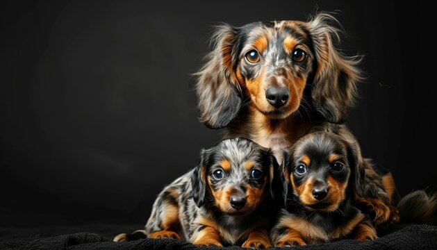 Adorable dachshund family posing together on black background