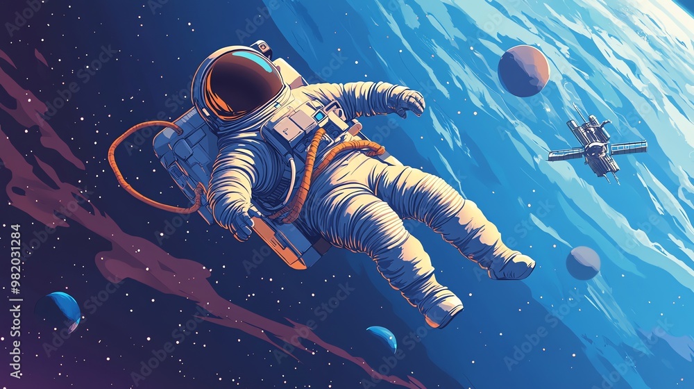 Poster an astronaut floats in space with a space station in the background.