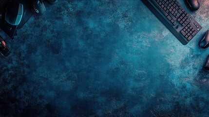 A dark, textured workspace with a keyboard, mouse, and gaming accessories.