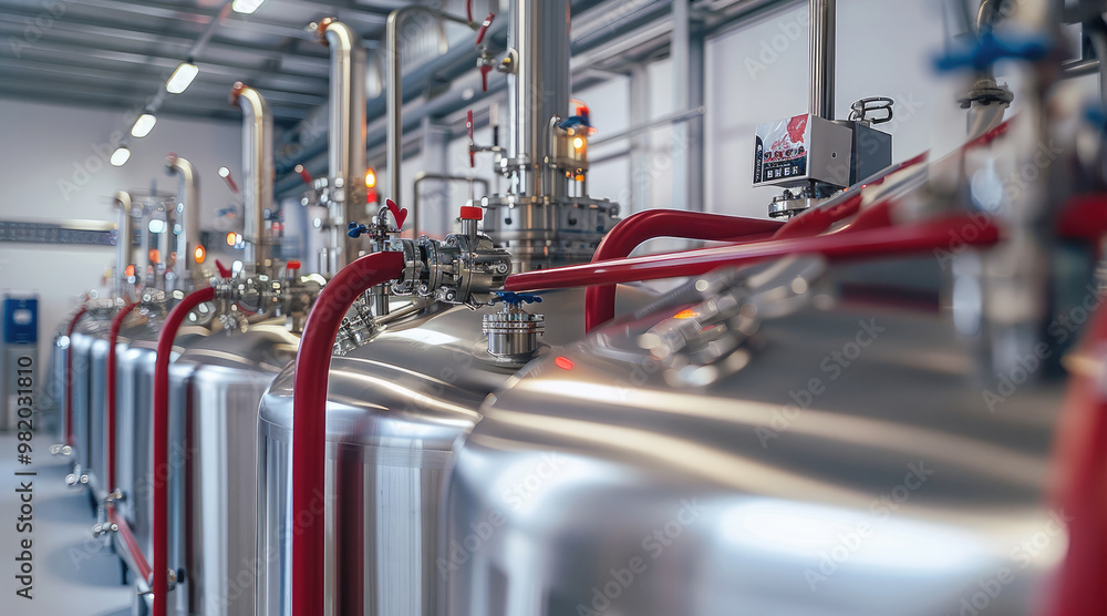 Leinwandbilder an industrial setting, a brewery or a distillery. there are multiple stainless steel tanks, each wit