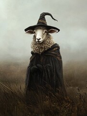 Fototapeta premium A whimsical sheep wearing a wizard hat and cloak stands in a misty field, embodying magic and enchantment.