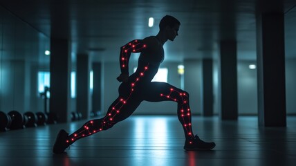 A person in active motion, showcasing a sleek motion capture suit with illuminated markers, representing fitness and technology.
