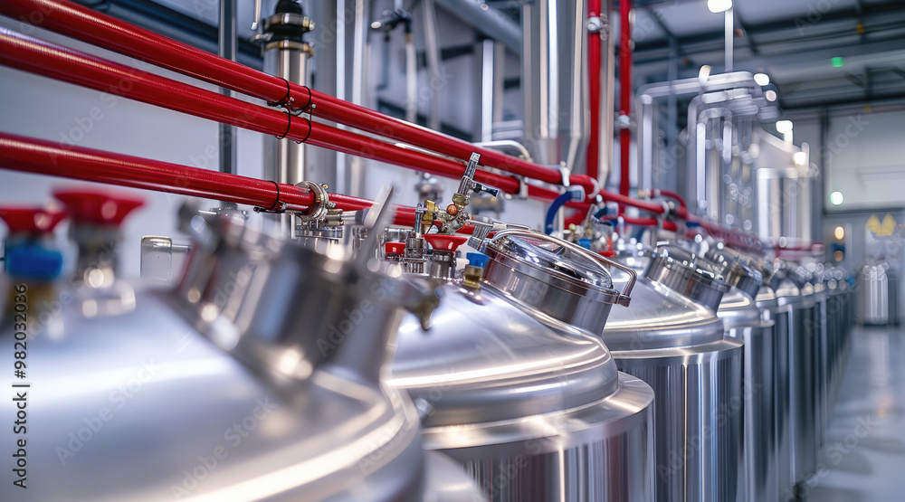 Fototapete An industrial setting, a brewery or a distillery. There are multiple stainless steel tanks, each with a lid and equipped with various valves and instruments. The tanks are arranged in a row.