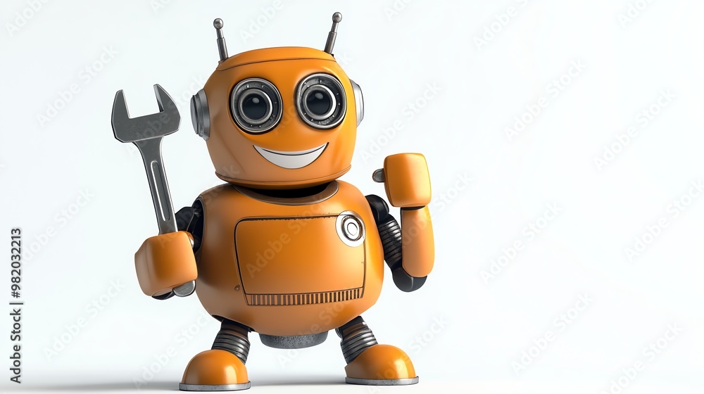 Poster a smiling orange robot with a wrench.