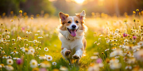 Happy dog running through flower-filled meadow, dog, happy, running, meadow, flowers, nature, sunny, playful, joyful
