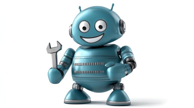 A friendly blue robot holding a wrench with a big smile on its face.
