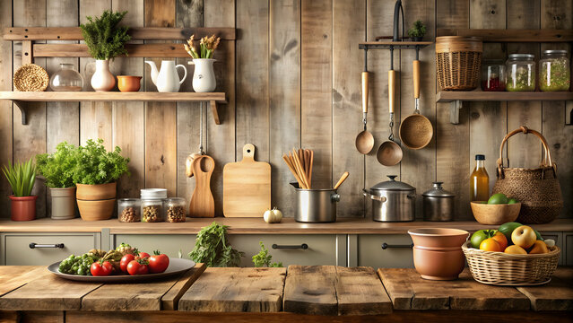 Vintage kitchen background with a rustic charm , old-fashioned, retro, antique, cooking utensils, traditional, classic