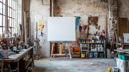 A spacious artist's studio featuring an empty canvas and various art supplies.