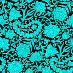 Abstract blue flowers, black background, boho style ornament. Seamless floral pattern-403.