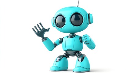 Fototapeta premium A blue and silver robot with big eyes stands in a fighting pose, ready for action.