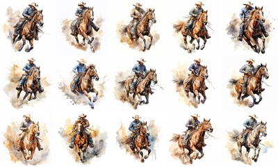 Fototapeta premium Dynamic Cowboy Riding Horses Illustration - Western Rodeo Action Art