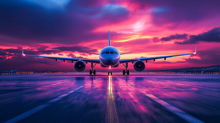 Airplane on airport runway. Airplane landing with beautiful sunset background. Landing airplane