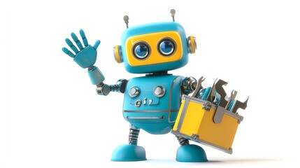A friendly blue robot holding a toolbox, ready to help with any repairs.
