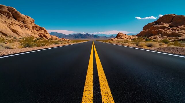 A desert road with double yellow lines leads toward distant mountains, under an expansive sky.