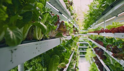 Hydroponic greenhouse interior with lush green leafy vegetables