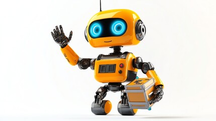 A friendly yellow robot with blue eyes waves hello.