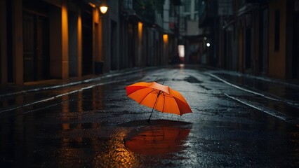 Bright orange umbrellas on black asphalt
